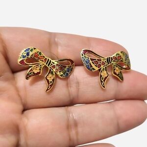 Vintage 80s Real Cloisonné Bow Studs